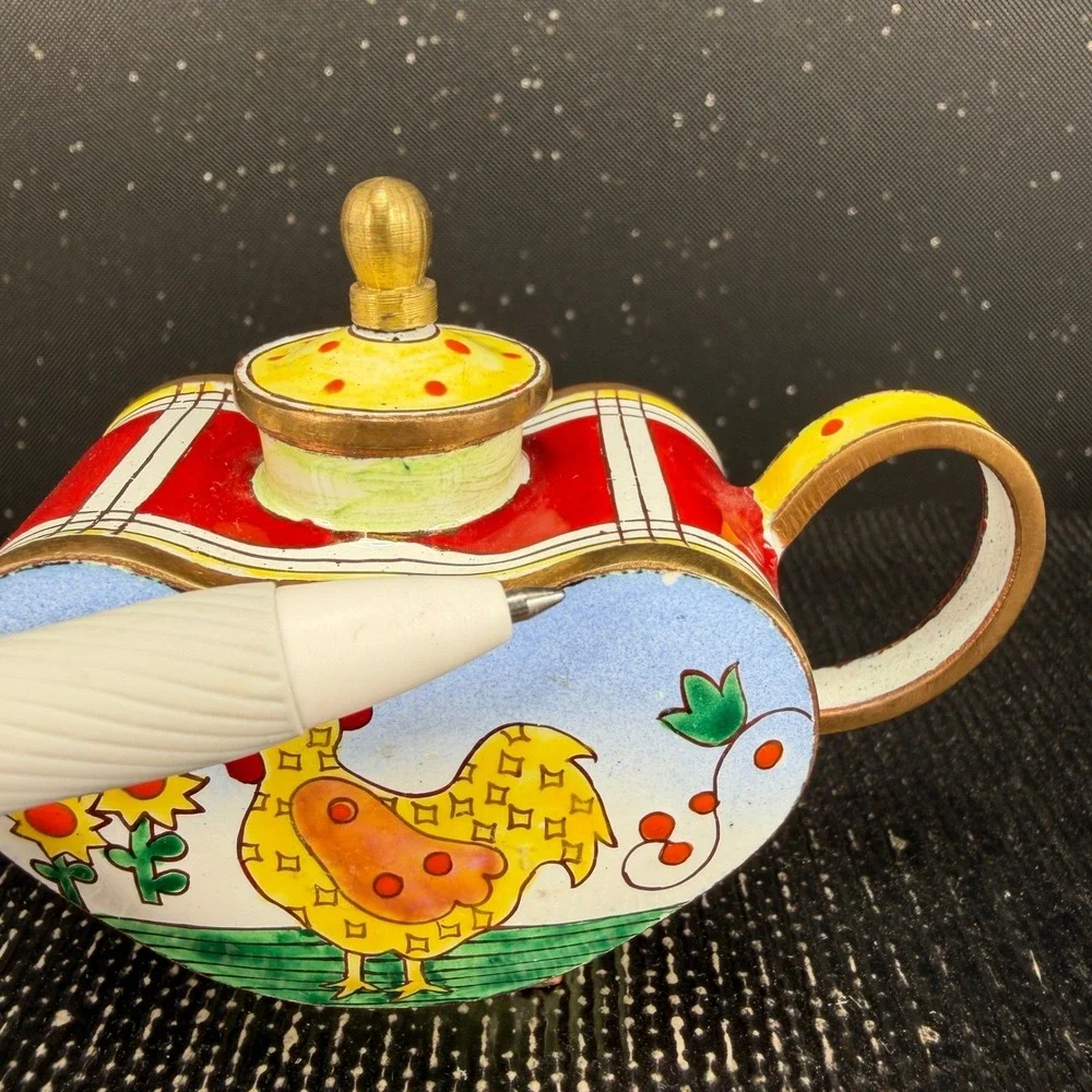 Kelvin Chen 1999 Miniature Rooster Heart Enamel Teapot US 80 CP Hand Painted 3x4